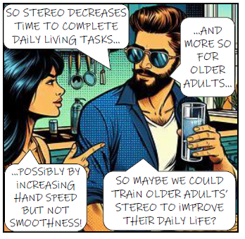 a comic book-like panel with a man and a woman talking. Man: "so stereo decreases time to complete daily living tasks and more so for older adults", Woman: possibly by increasing hand speed but not smoothness" Man: "so maybe we could train older adults' stereo to improve their daily life?"