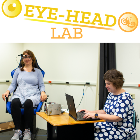 Logo of the Eye-Head Lab above a picture of Natela Shanidze testing a participant