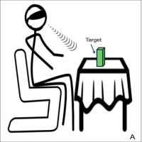 Diagram of seated blindfolded stick figure emitting echolocation sounds at an object labeled "Target" sitting on a table.