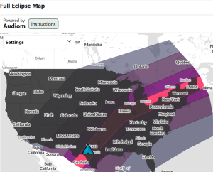Map of the April 8 2024 solar eclipse path across the United States.